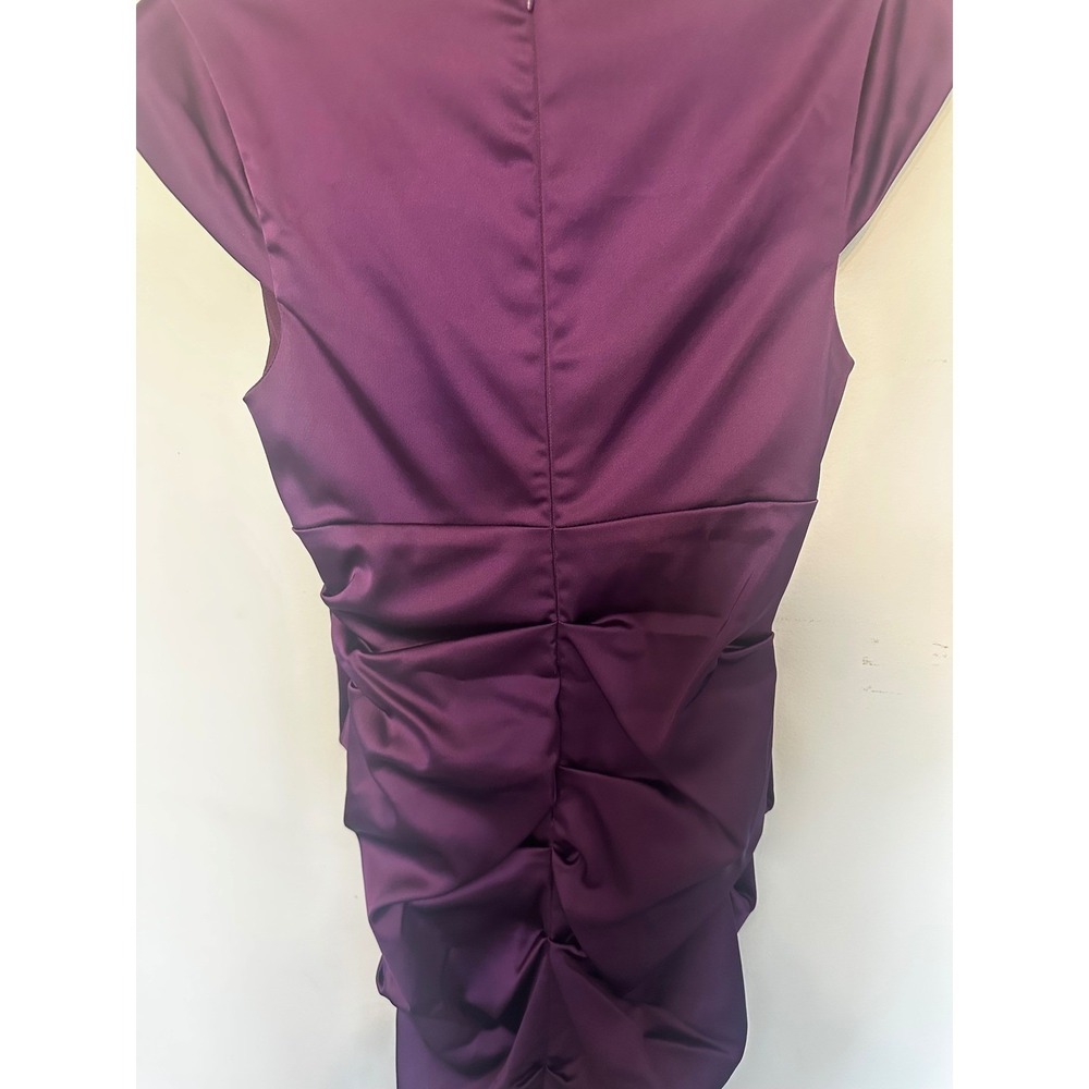 Xscape by Joanna Chen Purple Satin Ruffle Neck Ruched Midi Cocktail Dress 10 - Picture 4 of 6